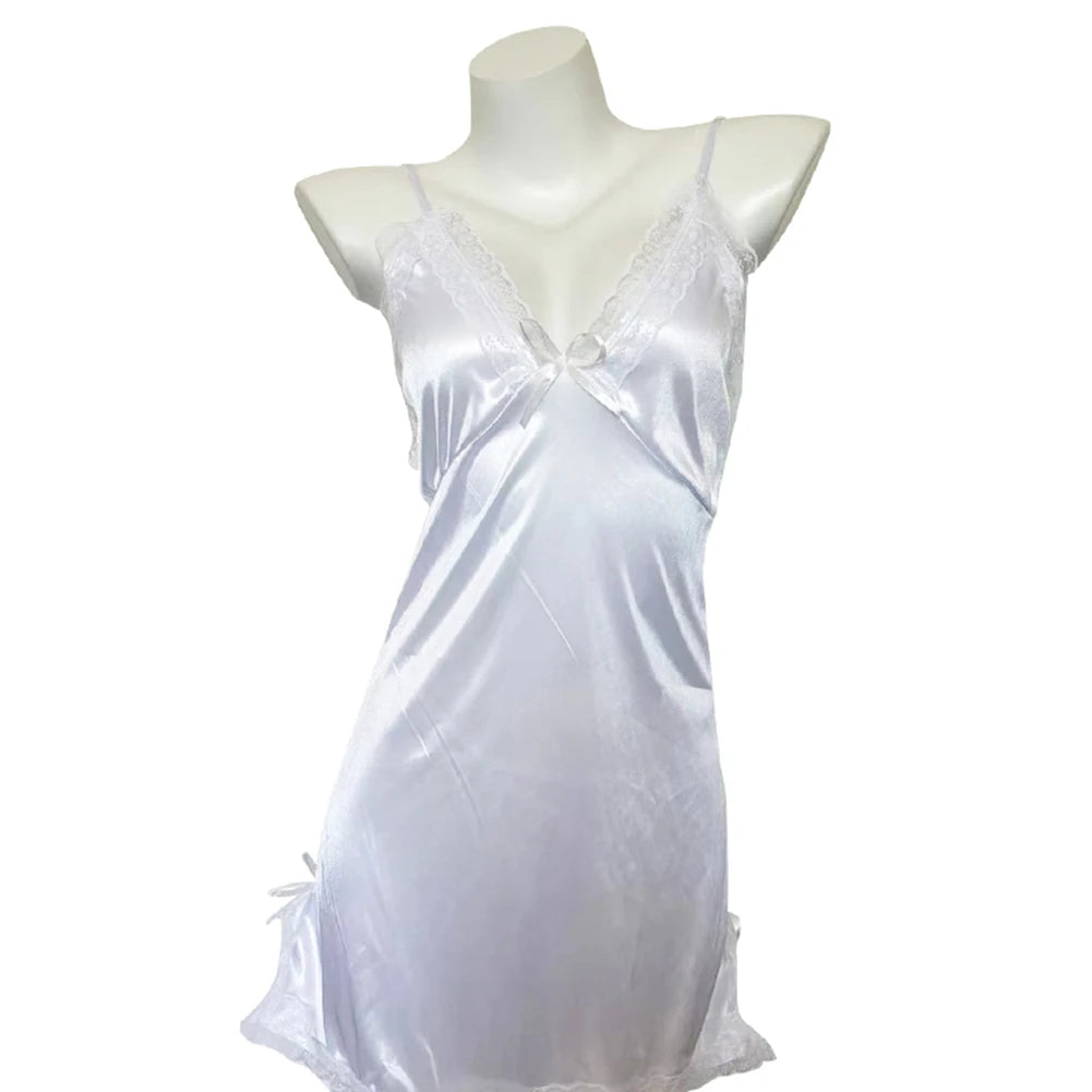 Sexy Lingerie for Women Satin Suspender Nightdress & Lace Teddy Bodysuit Sheer Thong Pajama Set  Bow Accents Slit Chemise