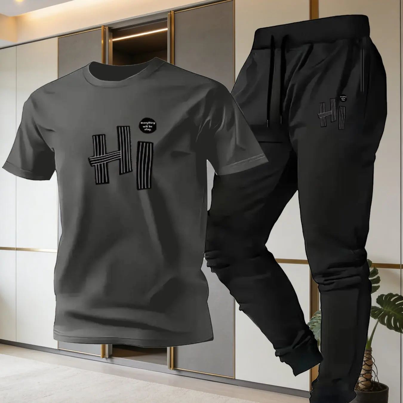 Men's HI Letter Striped Print T-Shirt & Thin Pants Set, Simple Casual Breathable Sports 2-Piece Set for Summer