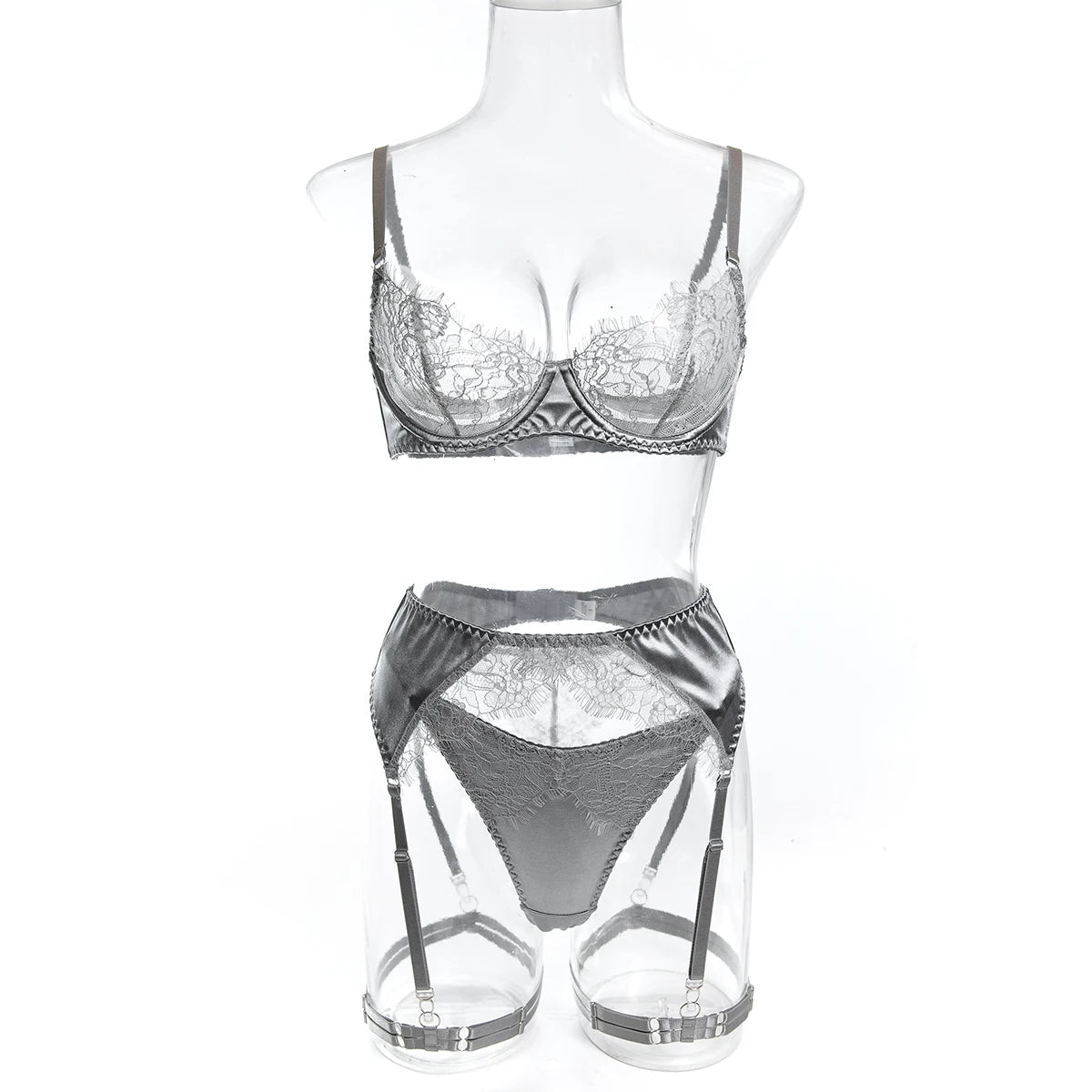 Sexy 3PCS Lace Satin Lingerie Set Underwire Bra + Garter Belt + Thigh Harness Sheer Lenceria Women Erotic Underwear