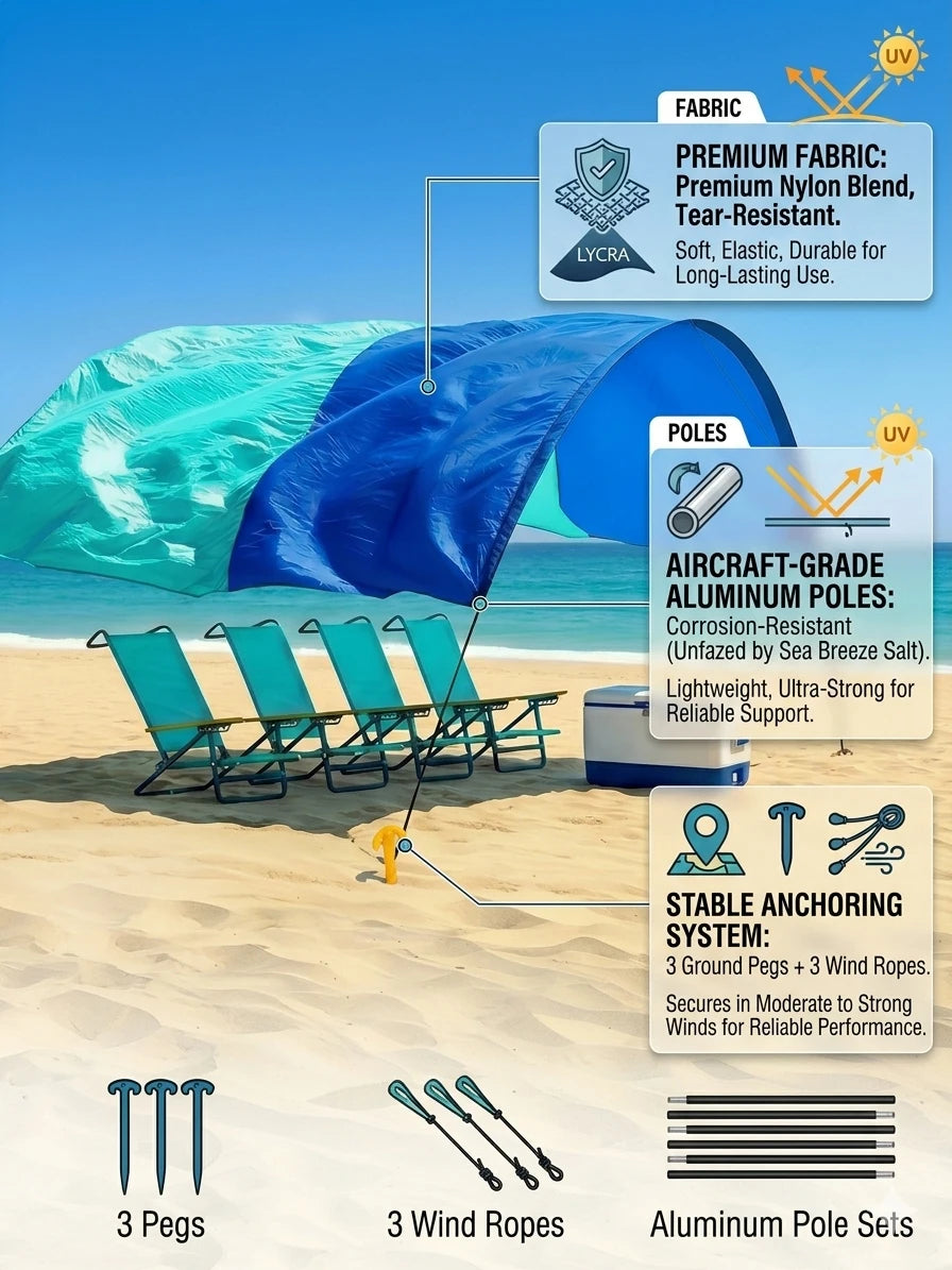 Wind-Resistant Beach Shade Tent 150 sq ft oversized canopy with sand anchors 4 lb ultralightweight UPF 50+ sun protection tent
