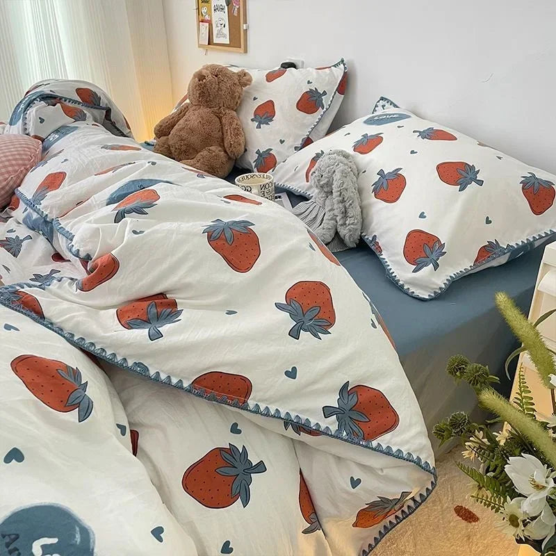 Bedding Set  Girls Cherry  Soft Washed Cotton Bed Sheet Queen King Size Duvet Set  Comforter Set Pillowcase Bed Linens
