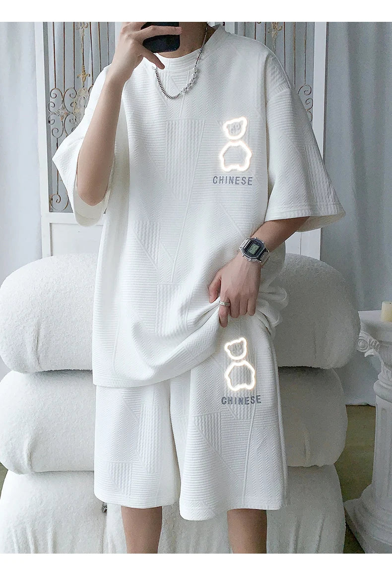 Casual Sportswear Set for Men Summer Short Sleeve Five-Quarter Pants Polyester Fiber Big Size Two-Piece Suit T-Shirt Shorts