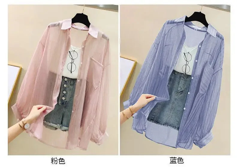 Summer Women's Elegant Chiffon Sunscreen Shirt Korean Harajuku Style See-Through Loose Blouse Thin Perspective Cardigan Yk2 Tops