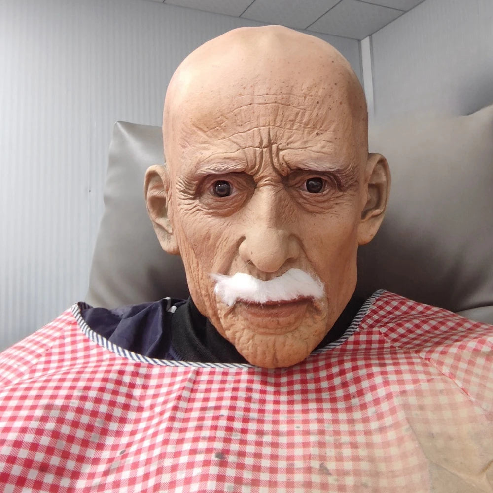 Realistic Full Head Latex Mask with Beard for Men Halloween Costume Party Prop Old Man Cosplay Headgear
