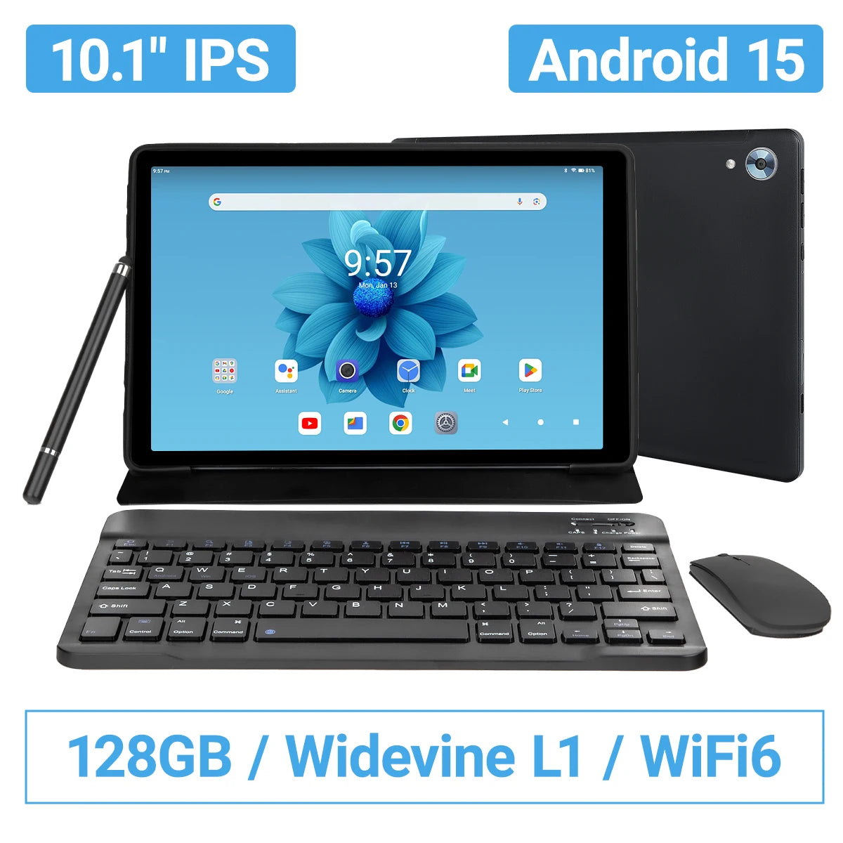 URAO 10 Inch Tablet Android 15 8-Core Tablets 24GB+128GB 1TB Expansion WiFi 6 5MP+8MP Stylus Keyboard Mouse Headphone PC PAD Set