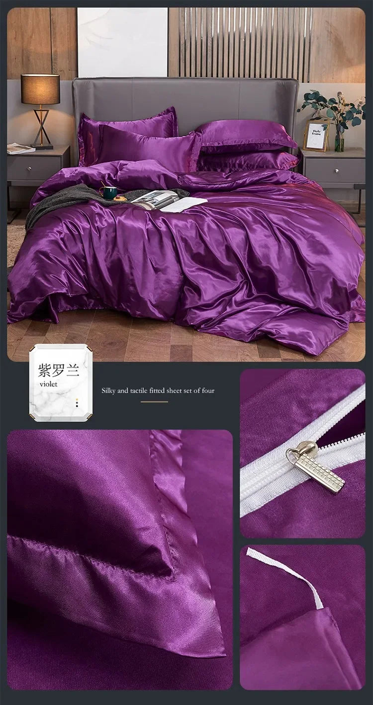 Solid Color Silk-like Bedding European and American Bed Sheet Quilt Cover Pillowcase