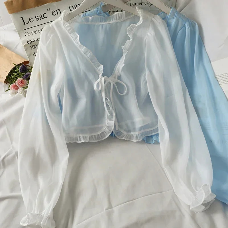 Summer Ruffled Shawl Solid Color Chiffon Women's Long Sleeve Thin Y2K Coat Cape Bolero Summer Wear Cloak Shrug  For Vacation