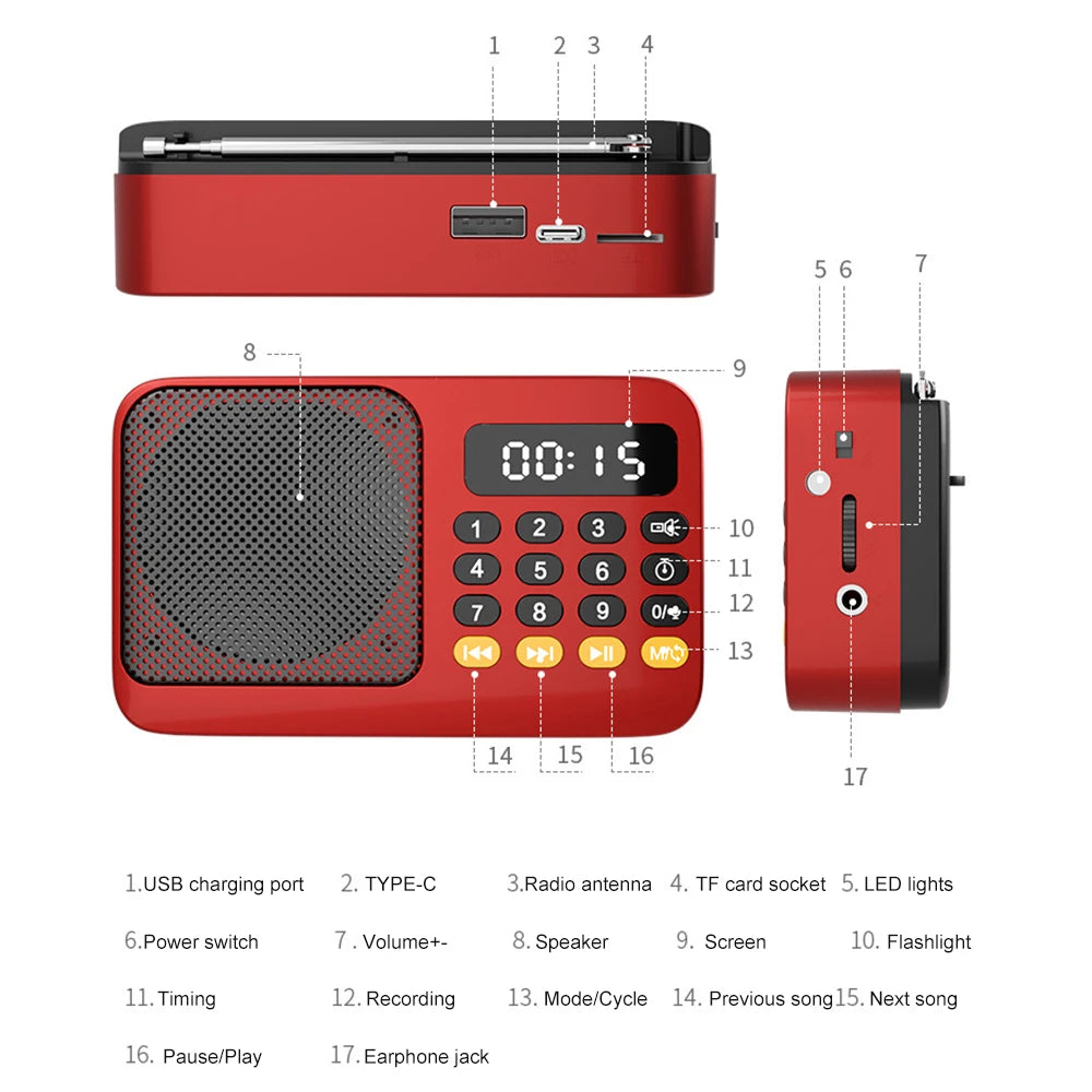 Bluetooth 5.0 Portable FM Radio Small Emergency Recargable Sound Box Mini Vintage Speaker Mp3 Player Support TF Card USB Drive