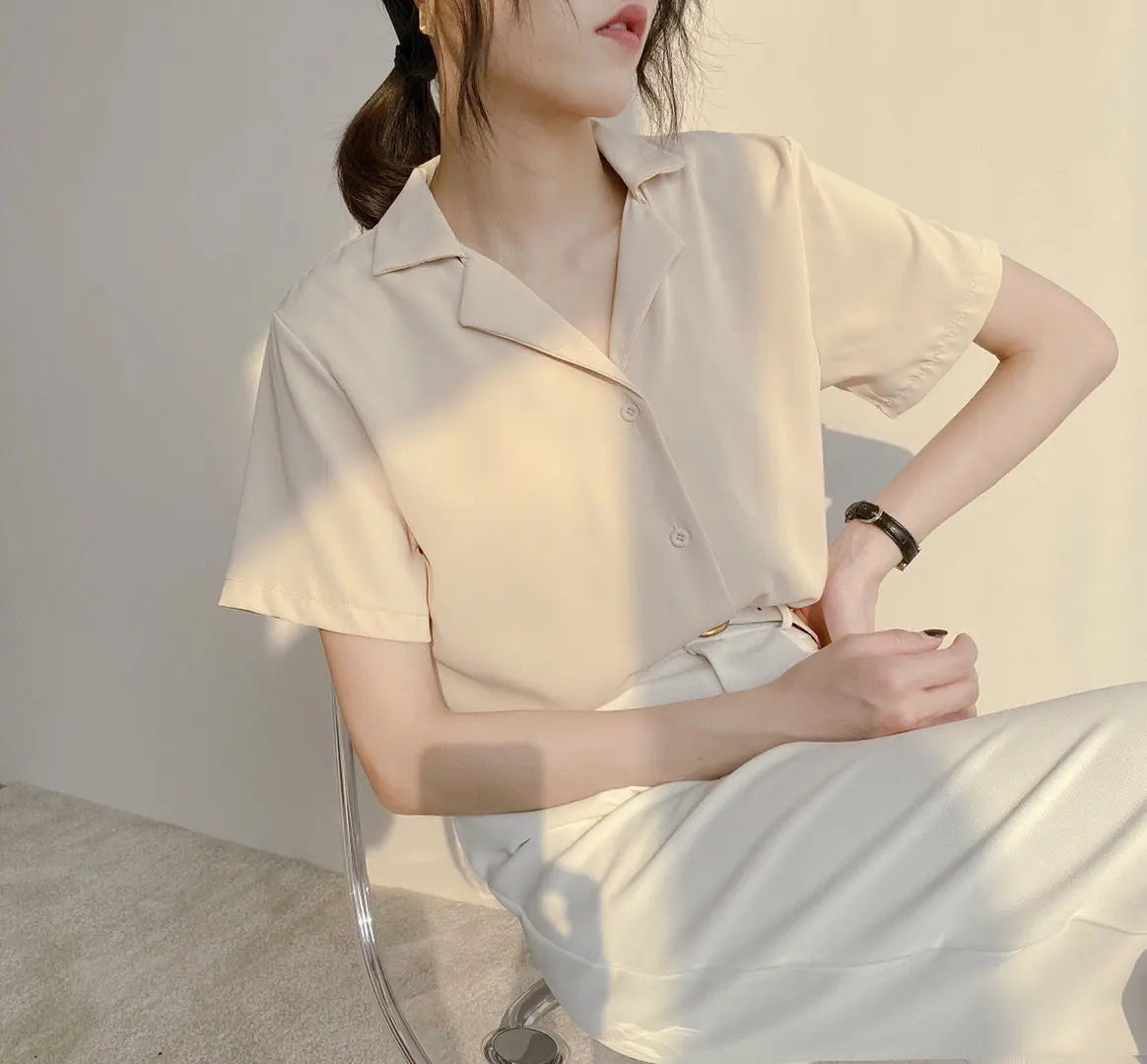 Women Summer Elegant Solid Chiffon Blouses Casual Turn Down Collar Short Sleeve Loose Shirts Korean Chic Top Female Tunic