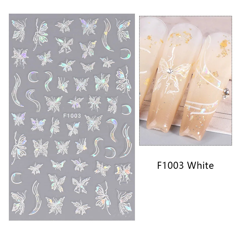 1PCS Black White Butterfly Laser Nail Stickers Y2K Nail Art Decoration Abstract Lines Bronzing Flowers Stickers For Nails