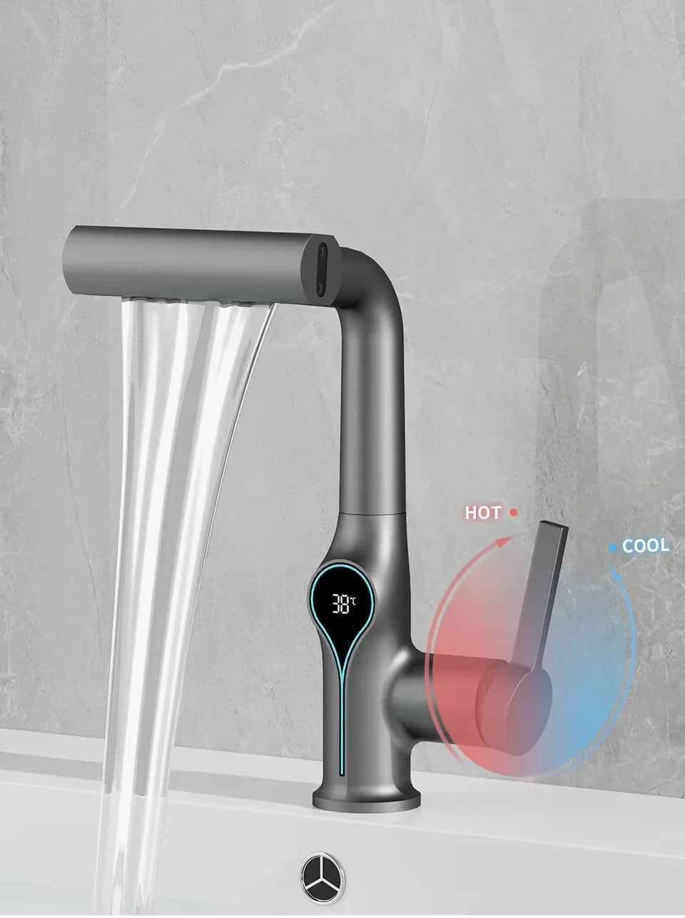 Lift Up Down Stream Sprayer Hot Cold Water Sink Mixer Wash Tap For Bathroom Waterfall Temperature Digital Display Basin Faucet