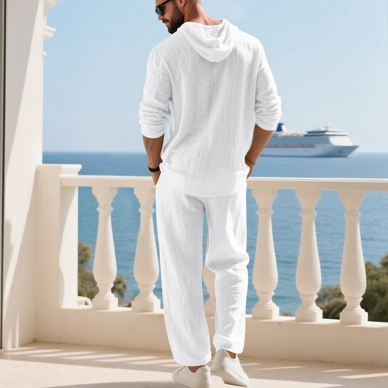 Men's Linen Hooded Sets 2 Piece Outfit Summer Casual Long Sleeve Hoodie and Wide Leg Pants Set for Men
