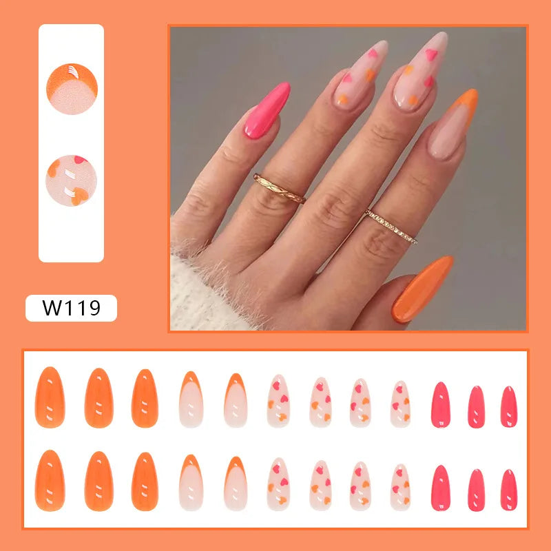 24Pcs/Set Fake Nails With Glue Full Cover Nail Tips Press On Med Nails DIY Manicure Oval Head False Nails Pink Almond Artificial