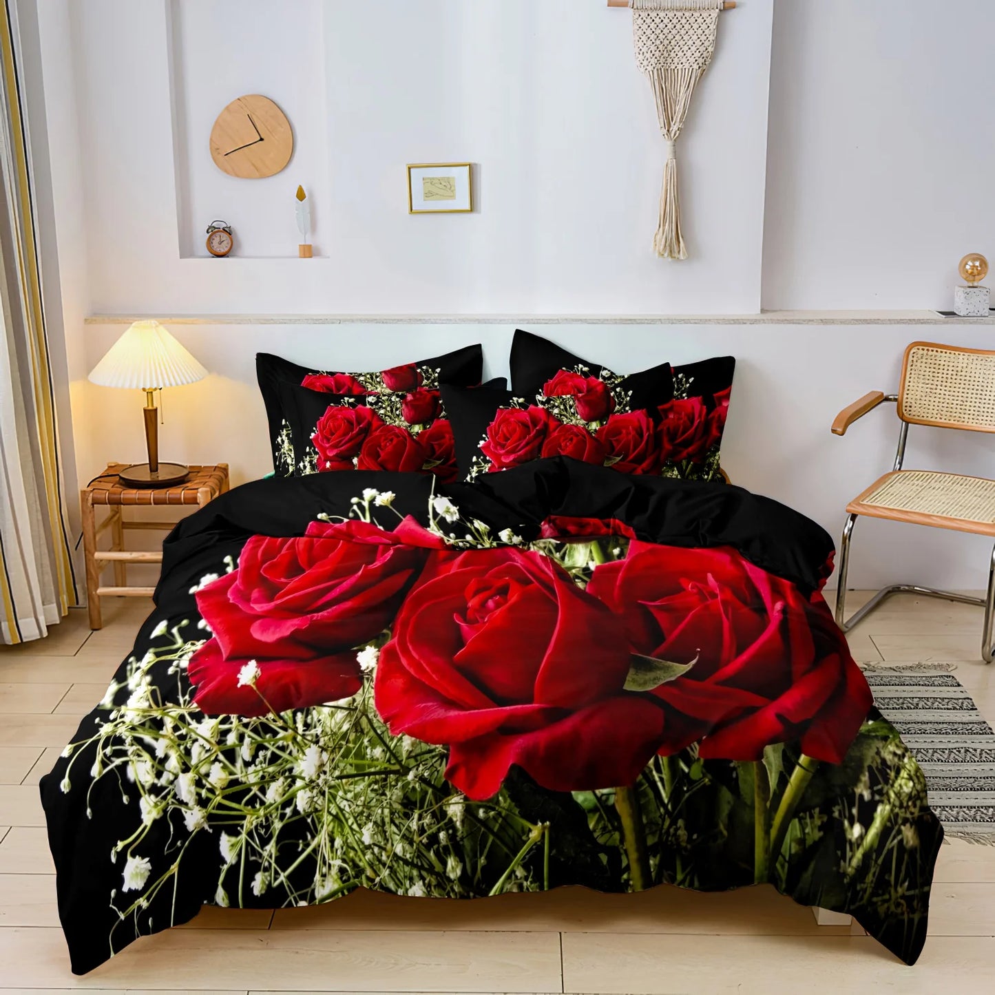 3pcs Red Rose Print Bedding, Bedroom Decor Duvet Cover With Pillowcases Set, No Filler (1* Duvet Cover + 2*Pillowcases)