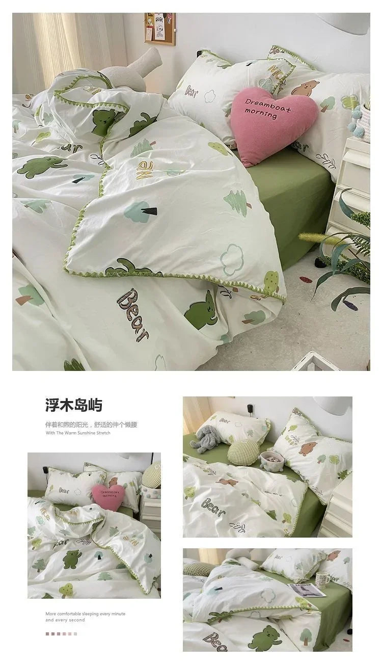 Bedding Set  Girls Cherry  Soft Washed Cotton Bed Sheet Queen King Size Duvet Set  Comforter Set Pillowcase Bed Linens