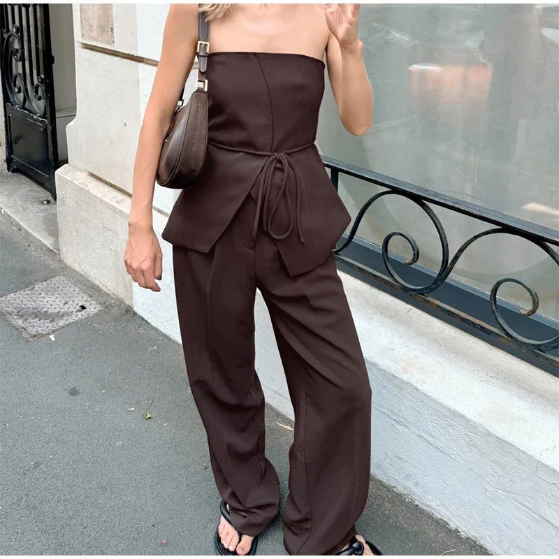 Women Pant Sets Sexy Backless Straps Sleeveless Lace Up Vest Loose Wide Leg Pants Suit Female Summer Fashion Lady Outfits