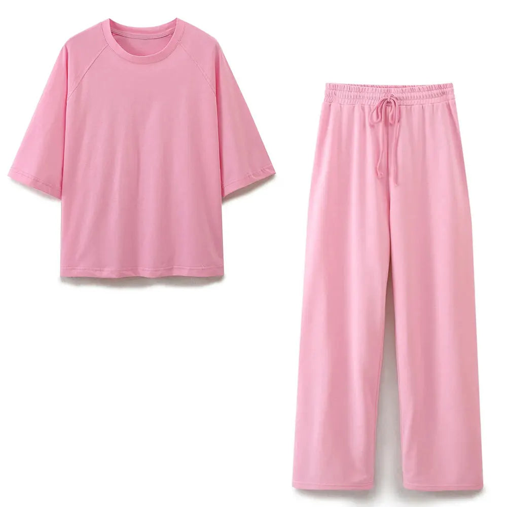 HH Summer Women Casual T Shirt Pant Sets Elegant Pink O Neck Short Sleeve T-Shirt + Drawstring Loose Trousers Spring Suit