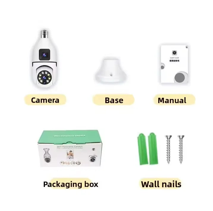 CCTV Security Camera with Dual Lens, PTZ Camera, Night Vision, Human Detection, Wi-Fi, Smart Home, 6MP Bulb, 2.4Ghz