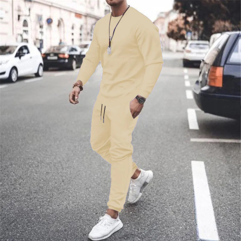 Men's Two-Piece Set O-Neck 2 Pieces Sets Tracksuit Hooded Sweatshirt +Drawstring Pants Male Sport Hoodies Running Sportswear
