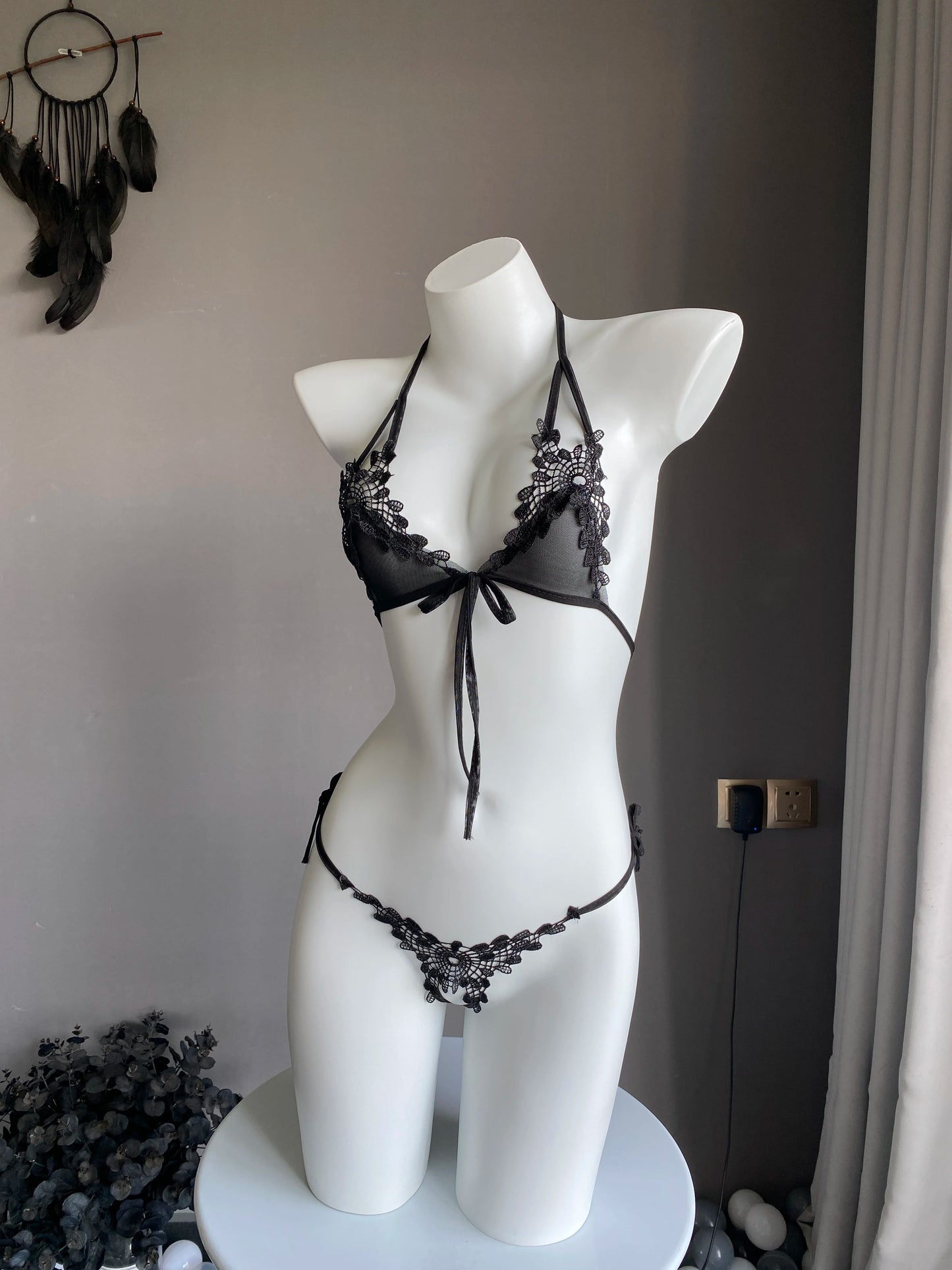 Lencerias Sexy Hot Sets Lace-up Adjustable Bra Crotchless Thong Set Porno Lingerie Women Halter Mini Underwear Cosplay Bikini