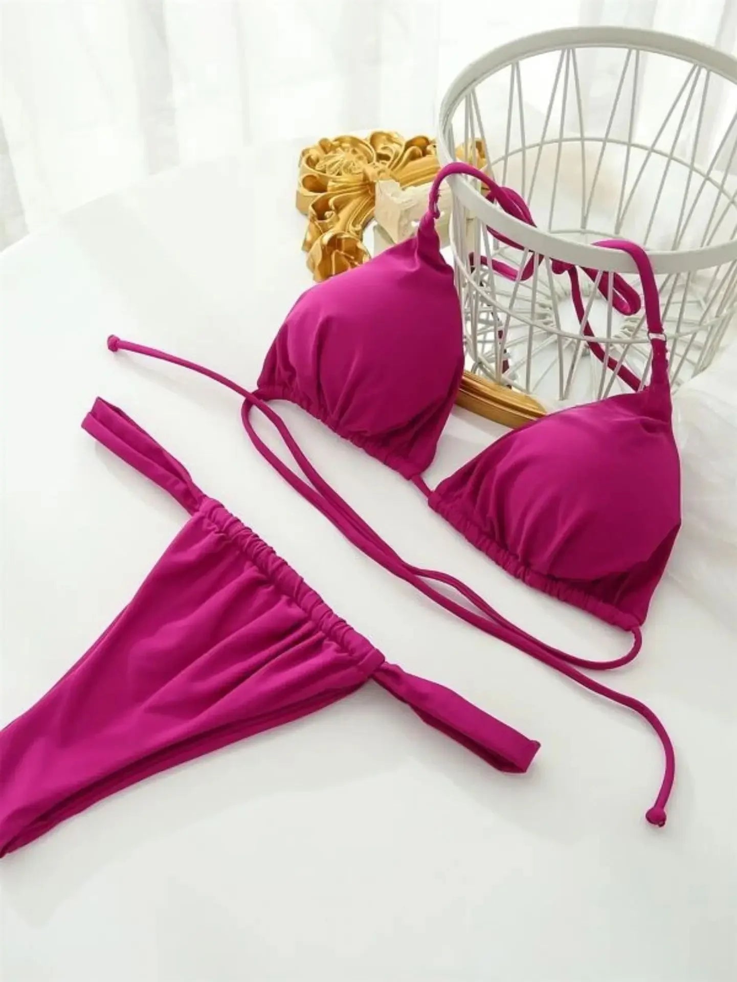 2025 Yearly Bikini Swimsuit Women's Separate Strap Pure Color Fabric Chest Pad Gathered Casual Beachwear Swimwear Set
