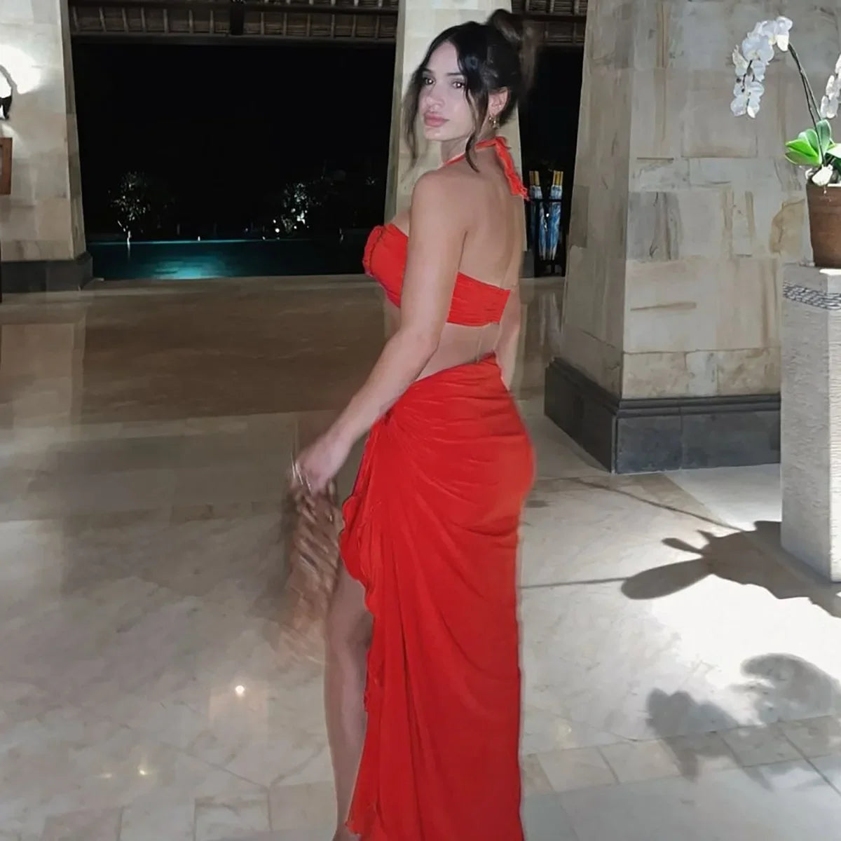 Women's Elegant Two Pieces Dresses Suits Flower Corset Top and High Slit Long Skirts Matching Sets Red Pink Vacation Outfit 2026