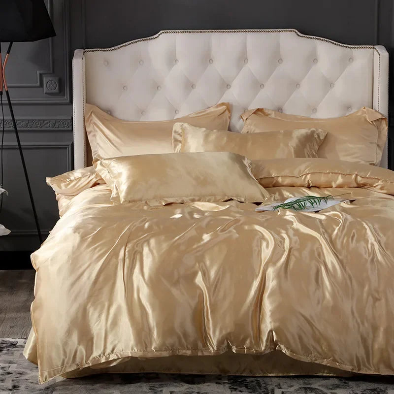 Solid Color Silk-like Bedding European and American Bed Sheet Quilt Cover Pillowcase