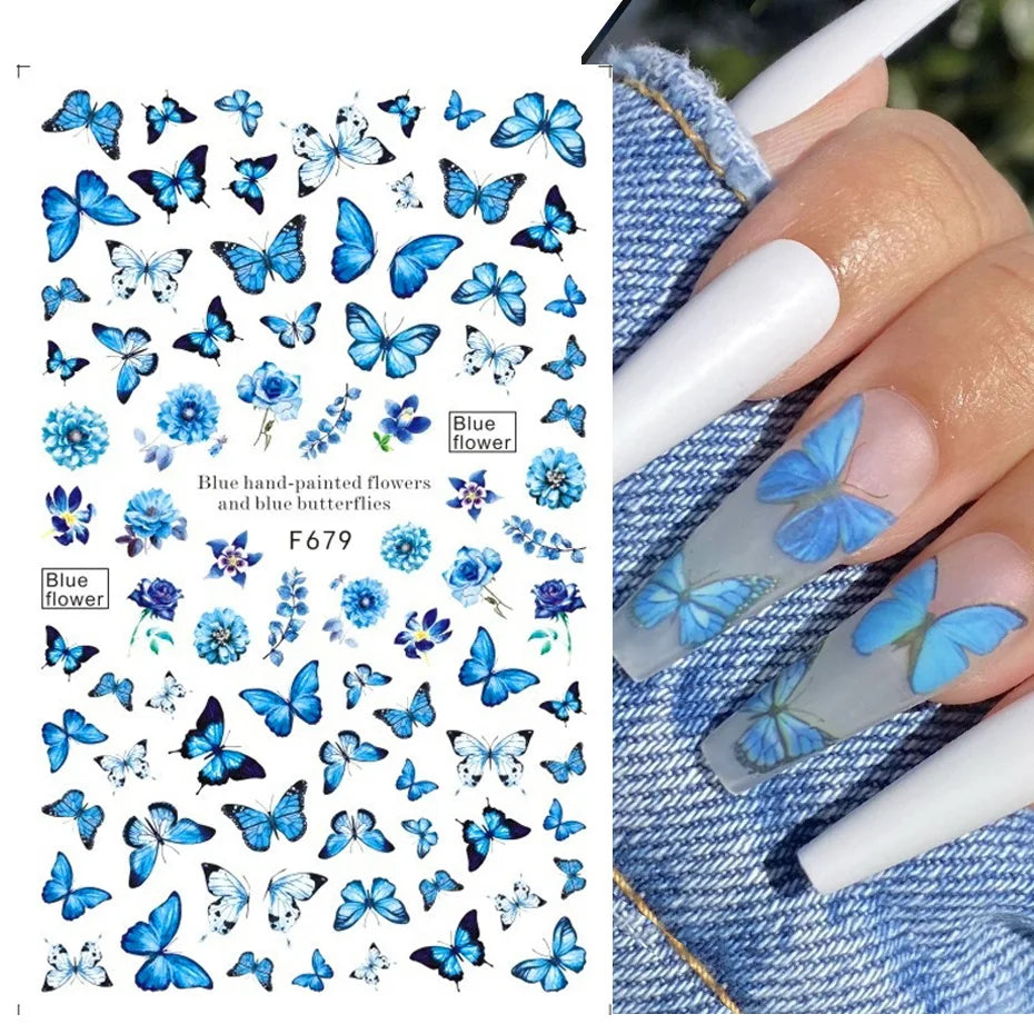 1PCS Black White Butterfly Laser Nail Stickers Y2K Nail Art Decoration Abstract Lines Bronzing Flowers Stickers For Nails