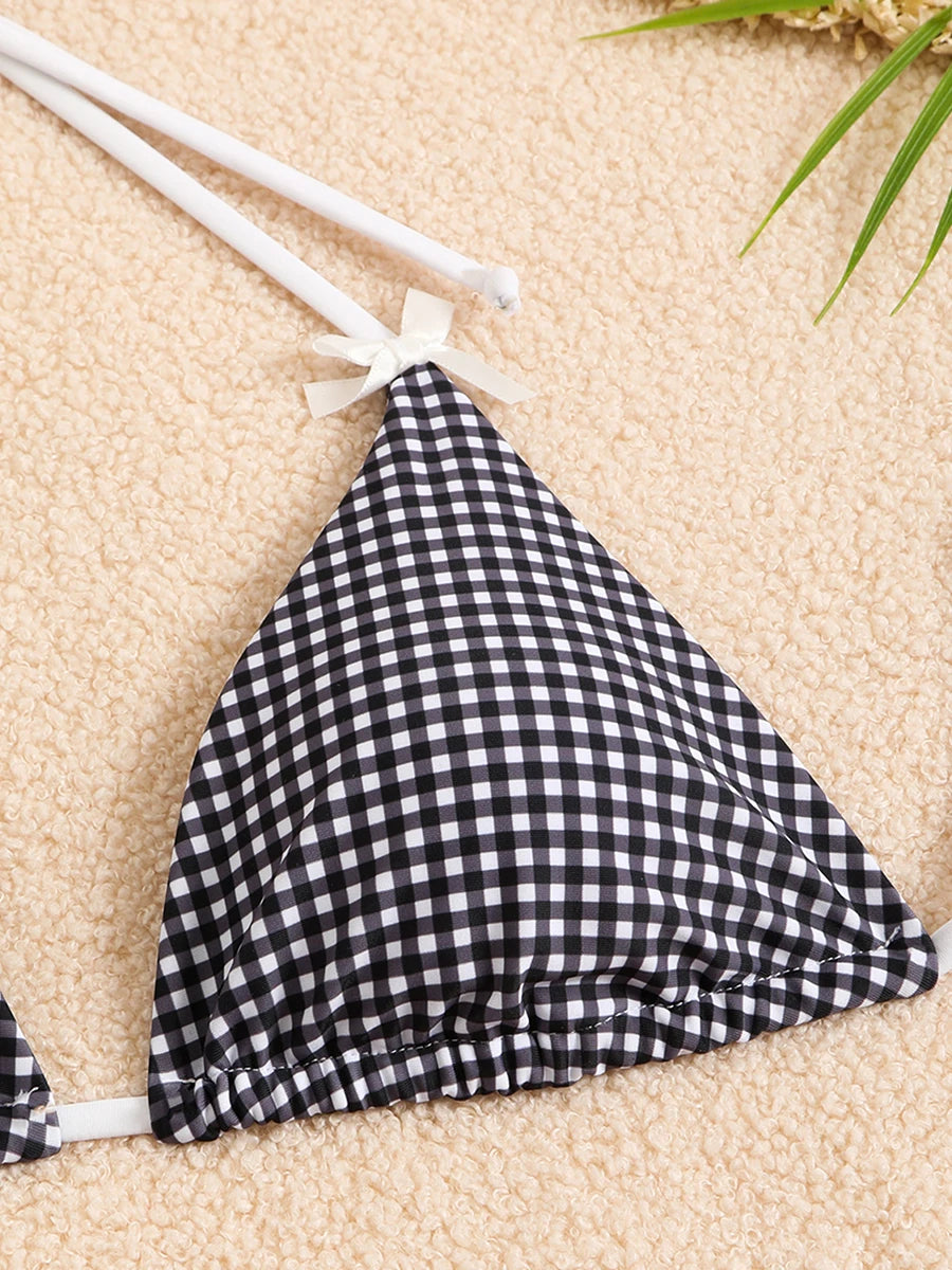 Sexy Bikini Women's Swimsuit Butterfly Decor Checked Swimwear 2026 Halter Thong Bikinis Sets Swimming for Beachwear Bathing Suit
