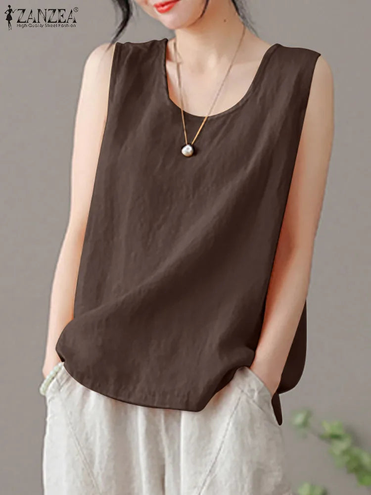 2024 ZANZEA Fashion Summer Beach Shirt Women O Neck Sleeveless Tanks Tops Female Party Solid Loose Blouse Elegant OL Work Blusas