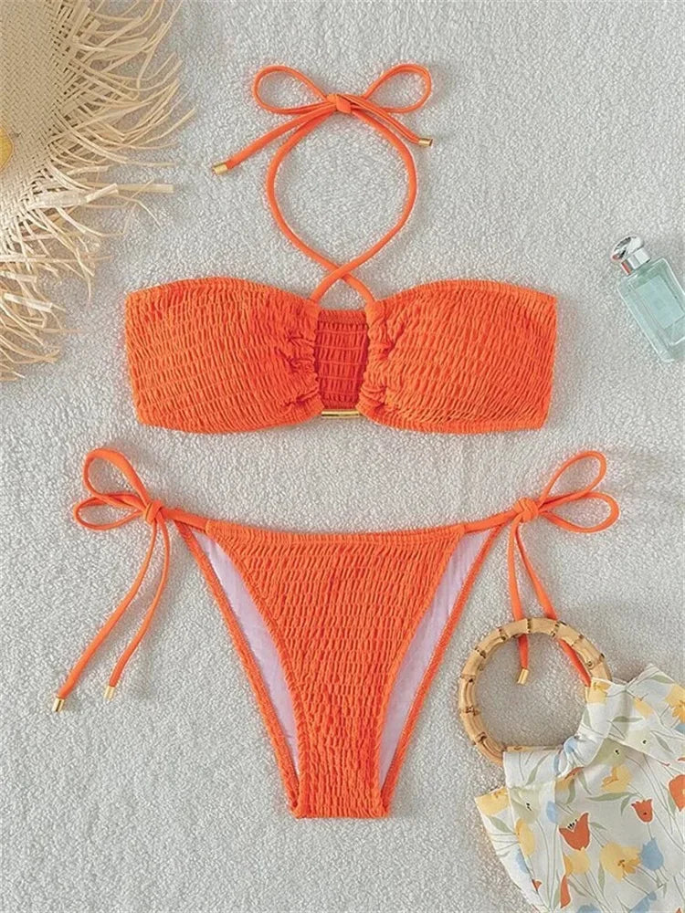 Sexy Triangle Bikini 2026 Women Red Black Ribbed Push Up Micro Swimsuit Cut Out Metal Designer Bathing Suit Knot Thong Swimwear