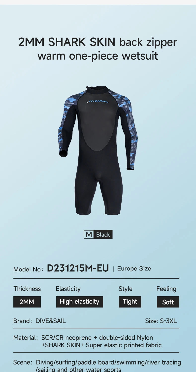 Wetsuit Men 2MM Neoprene Black Zip Shorty Long Sleeves Swimsuit Mens Short One-piece Bathing Swimming Suit For Water Sports