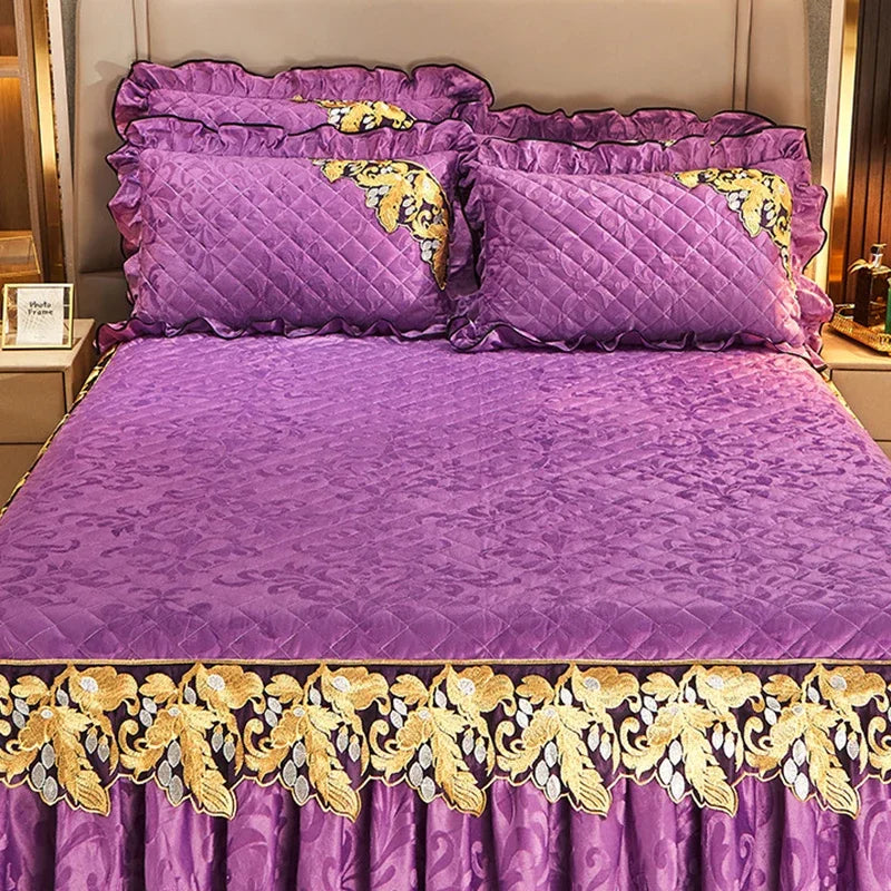 Plush Winter Warm Bedspread on The Bed Thickened Bed Skirt-style Embroidery Cotton Quilt Bedding Cover Pillowcases