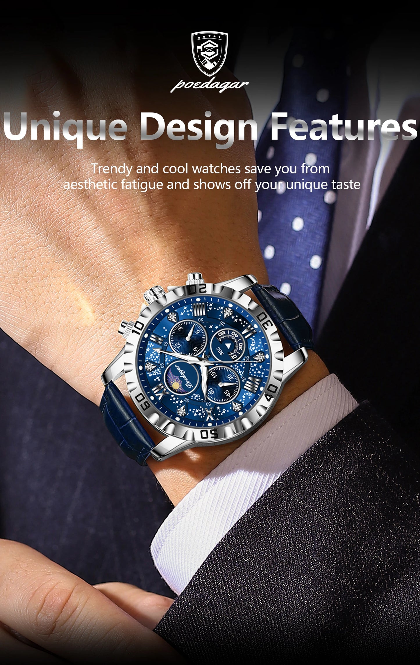 POEDAGAR Luxury Fashion Man Watch Waterproof Luminous Chronograph Leather Watches For Men Sports Outdoor Men's Quartz Wristwatch