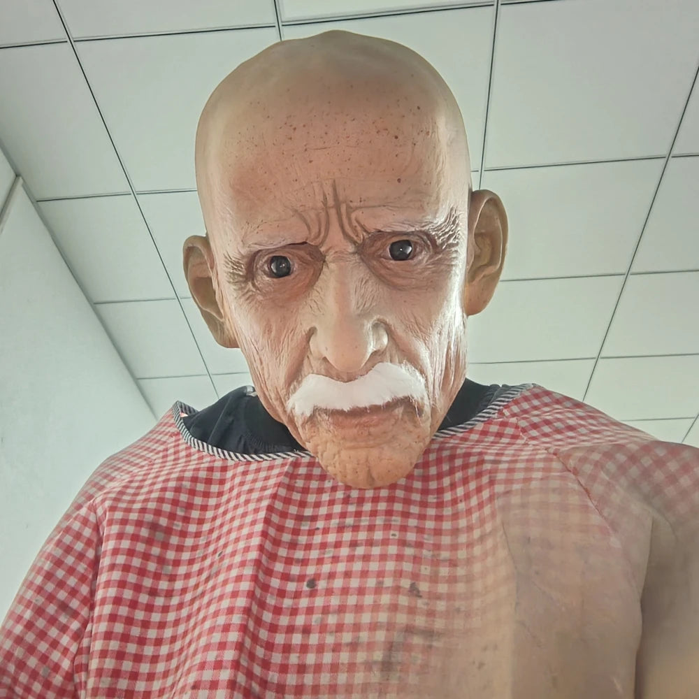 Realistic Full Head Latex Mask with Beard for Men Halloween Costume Party Prop Old Man Cosplay Headgear