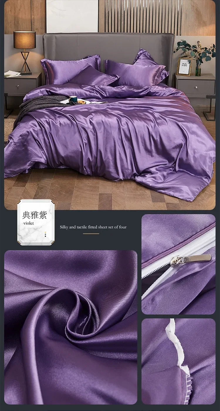 Solid Color Silk-like Bedding European and American Bed Sheet Quilt Cover Pillowcase