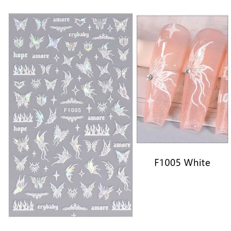 1PCS Black White Butterfly Laser Nail Stickers Y2K Nail Art Decoration Abstract Lines Bronzing Flowers Stickers For Nails