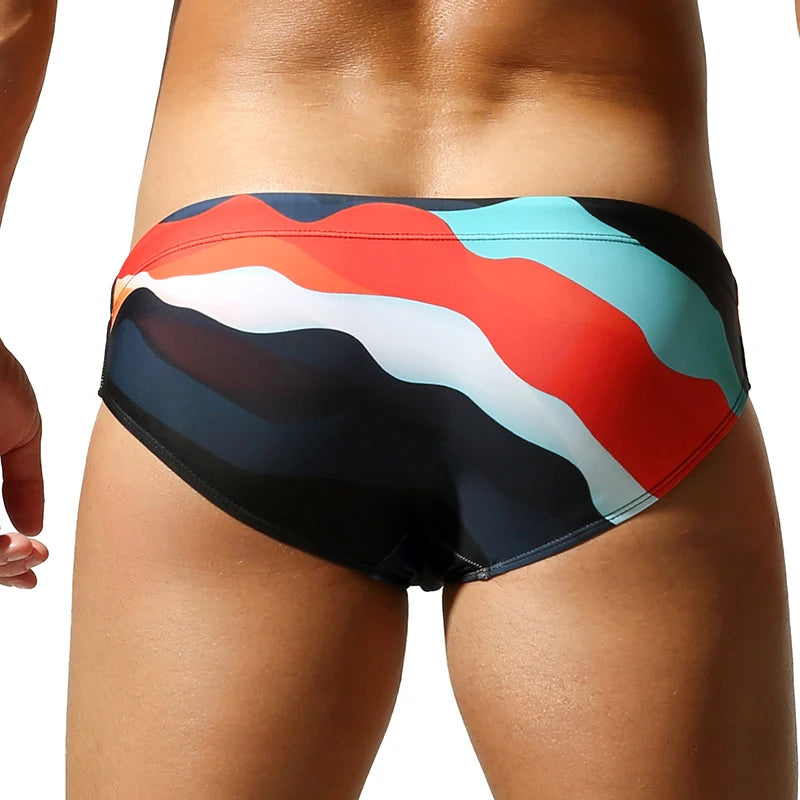 Men's Quick Dry Swim Briefs Colorful Wave Print Drawstring Bikini Trunks Low Waist Beach Swimwear Bathing Suits for Men swimsuit