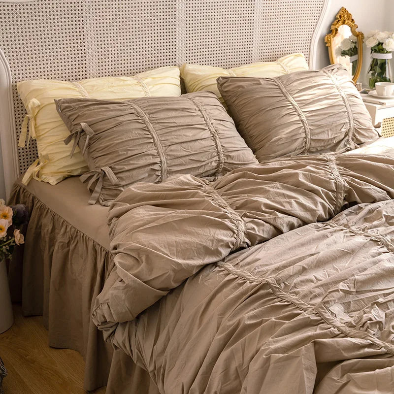 100% Cotton Washed Ruffle Bedding Set White Duvet Cover Set Queen King Size With Bow Ties Ultra Soft Breathable 4Pcs Bedclothes