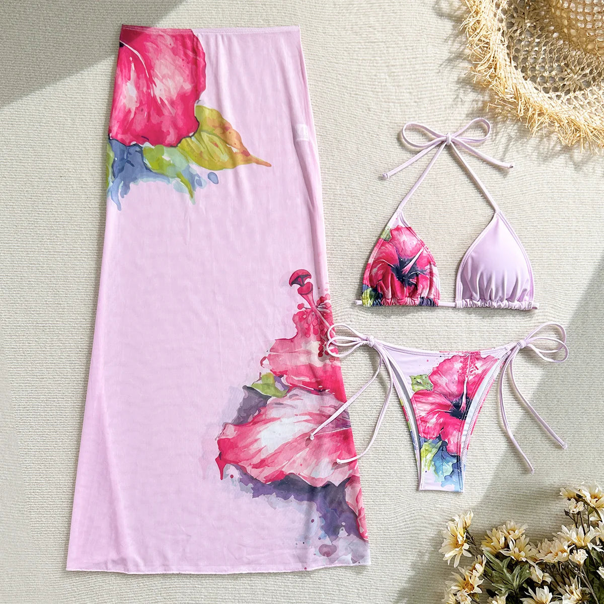 2026 New Flower Print Bikini Set Women's High Waist Long Skirt 3 Piece Swimsuit Sexy Mini Triangle Backless Thong Bathing Suit