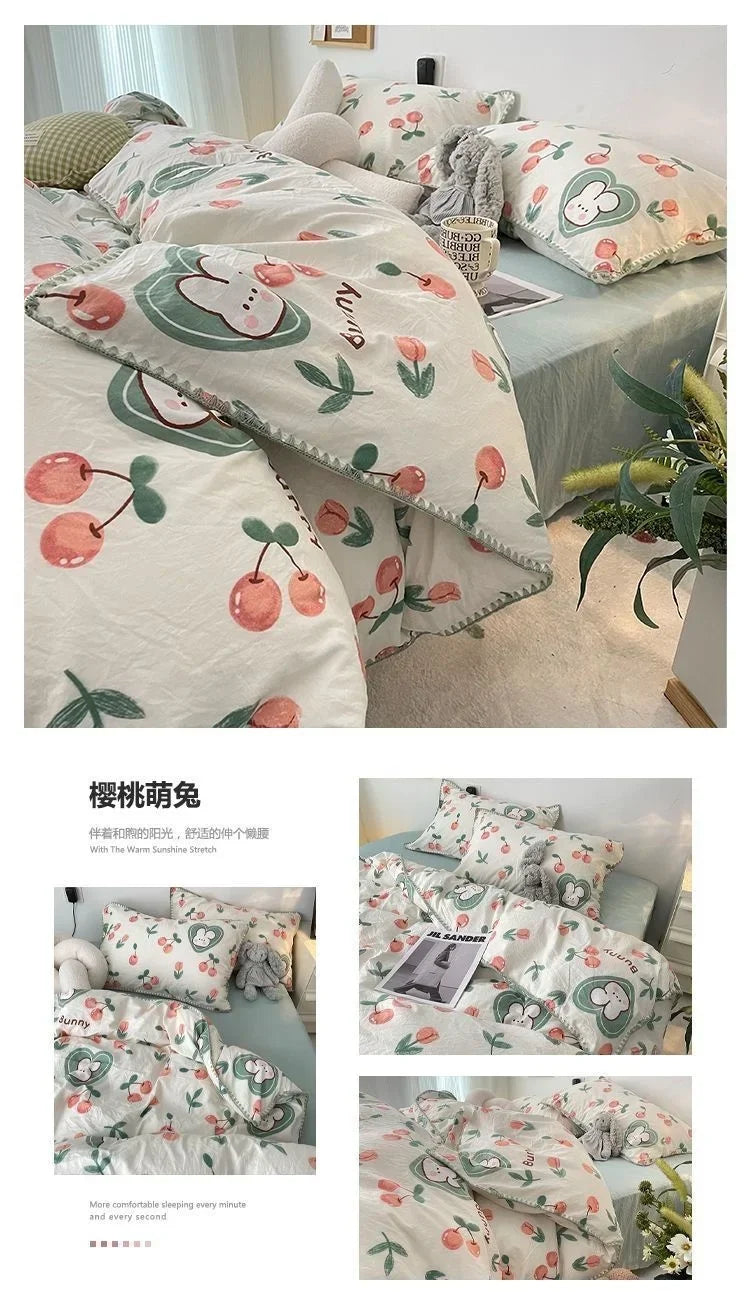 Bedding Set  Girls Cherry  Soft Washed Cotton Bed Sheet Queen King Size Duvet Set  Comforter Set Pillowcase Bed Linens