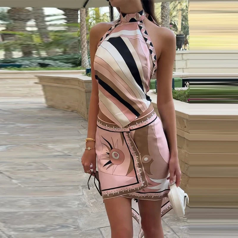 Fashion Halter Printed 3 Pieces Sets Women Lace Up Sleeveless Backless Tops Mini Shorts Asymmetric Skirts 2026 Summer Lady Suits
