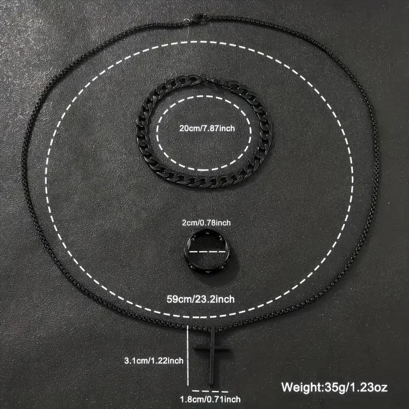 8-piece men's quartz watch set, featuring a black circular dial, bracelet, necklace, and ring