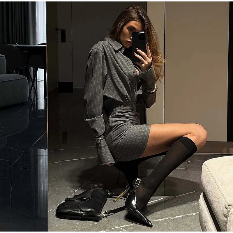 Sexy Striped Skirt Set Women Lapel Single-breasted Shirts Pleated A-line Skirts 2026 Spring Summer Office Lady 2 Pieces Outfit