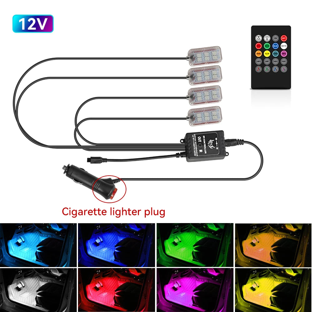 Car Interior Ambient Light RGB Foot Strip Lighting Kit Accessories Backlight Remote App Music Control Auto RGB Decorative Lamp