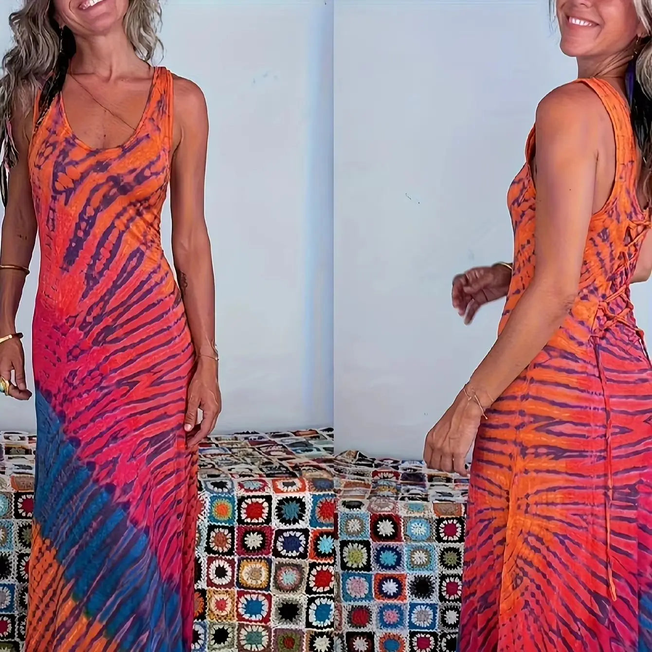 Summer ladies suitable for vacation bright and bright printed wide shoulder strap round neck backless sleeveless dress