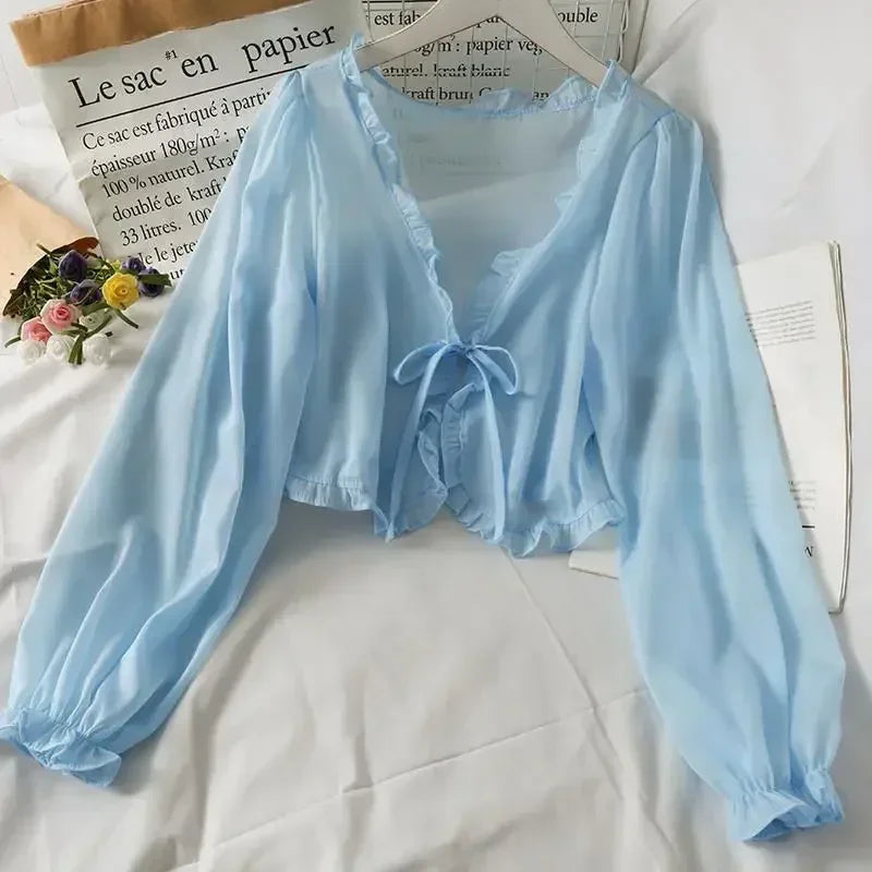 Summer Ruffled Shawl Solid Color Chiffon Women's Long Sleeve Thin Y2K Coat Cape Bolero Summer Wear Cloak Shrug  For Vacation