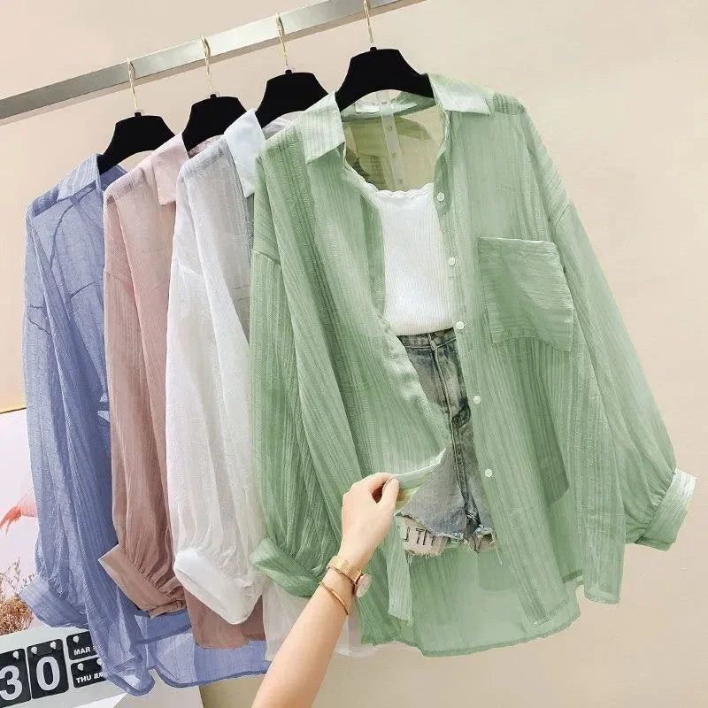Summer Women's Elegant Chiffon Sunscreen Shirt Korean Harajuku Style See-Through Loose Blouse Thin Perspective Cardigan Yk2 Tops