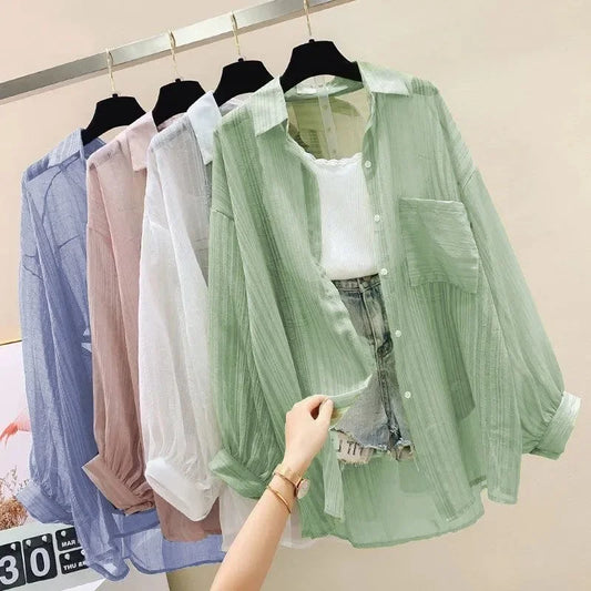 Summer Women's Elegant Chiffon Sunscreen Shirt Korean Harajuku Style See-Through Loose Blouse Thin Perspective Cardigan Yk2 Tops