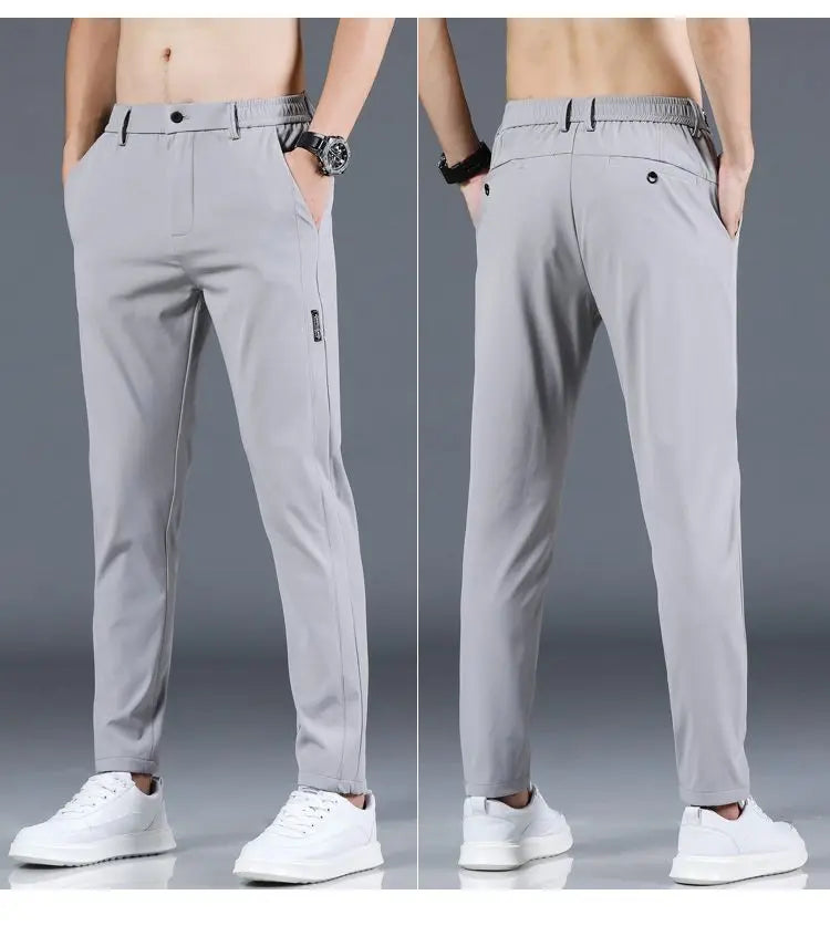 Ice silk men's pants 2025 summer new black gray thin business casual pants outdoor elastic breathable straight leg sports pants